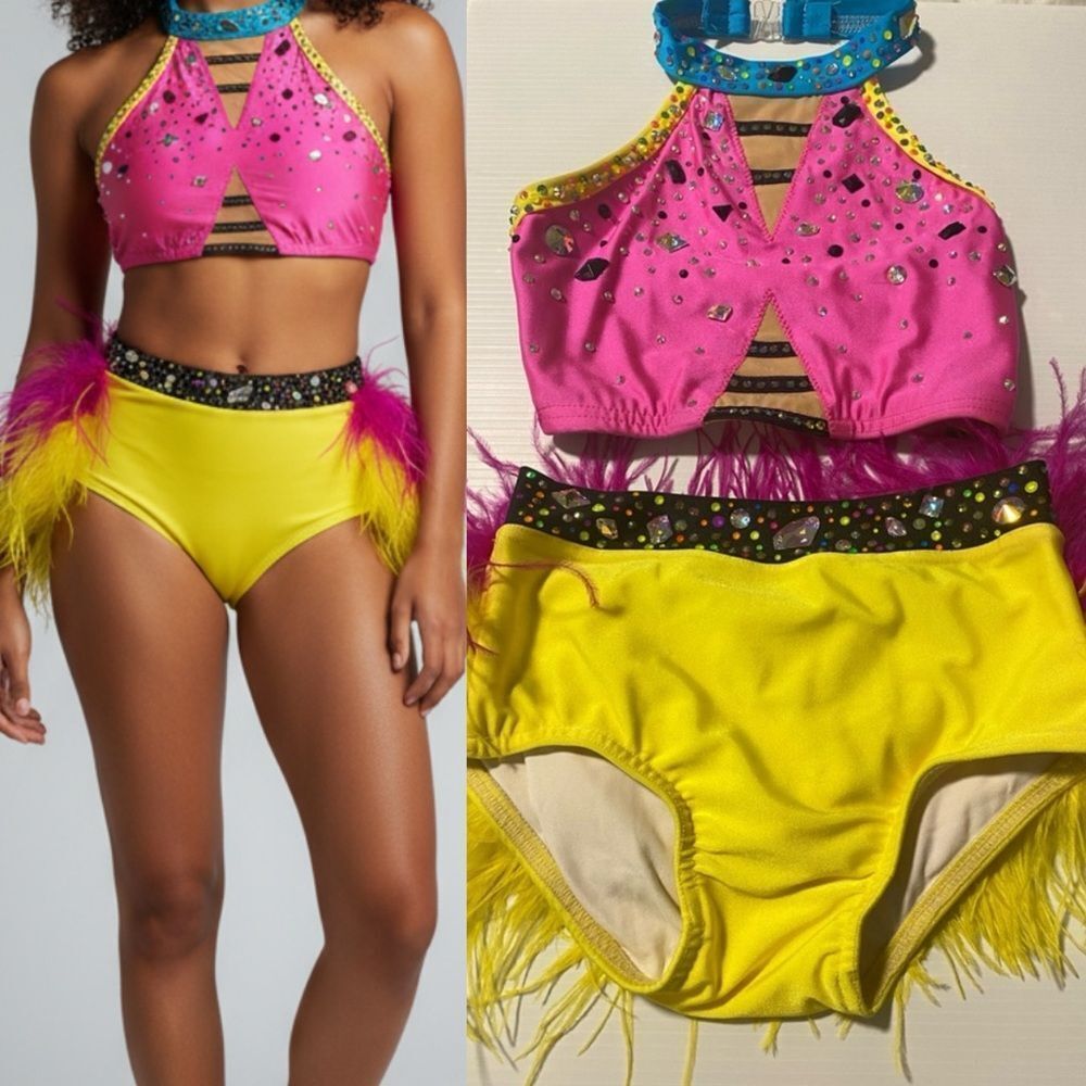 Custom solo dance costume neon sassy feather colorful 2 piece set LC child/SA